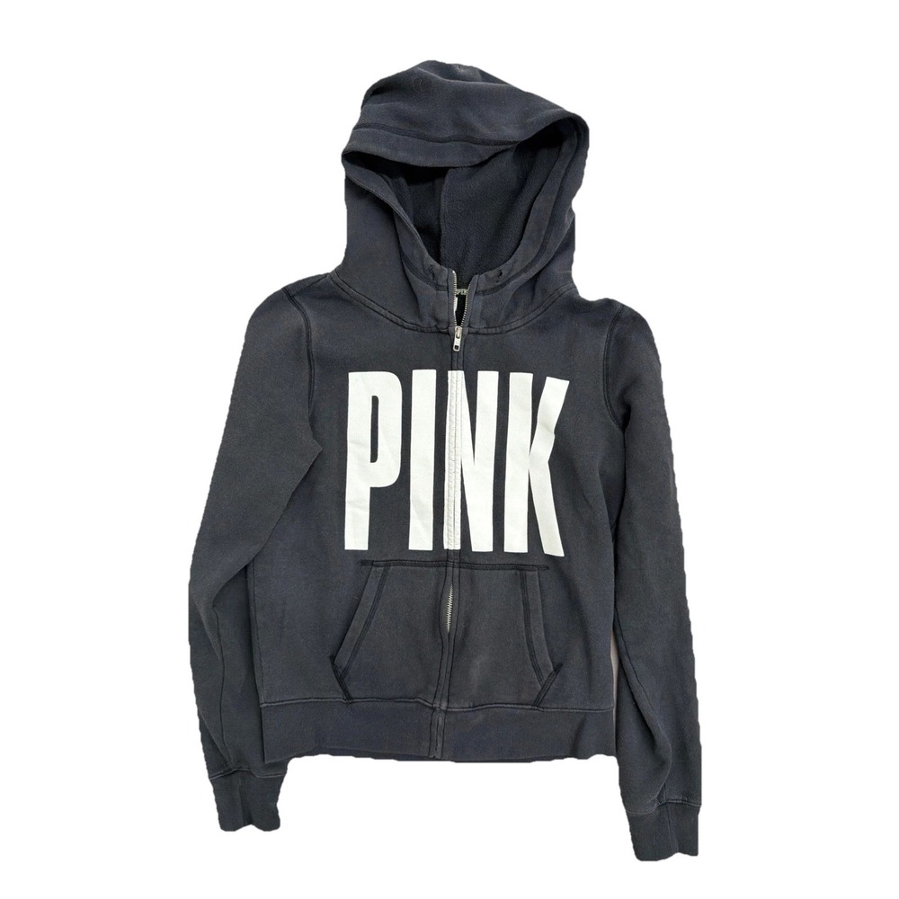 Pink Victoria's‎ Secret Full Zip Hoodie Black White Logo Sweatshirt Small